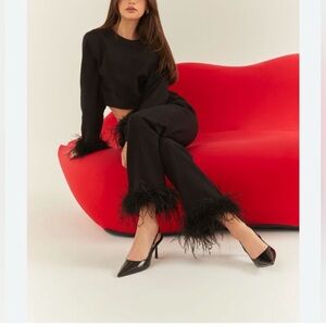 The Noli Shop Rada Black Feather Trim Pants